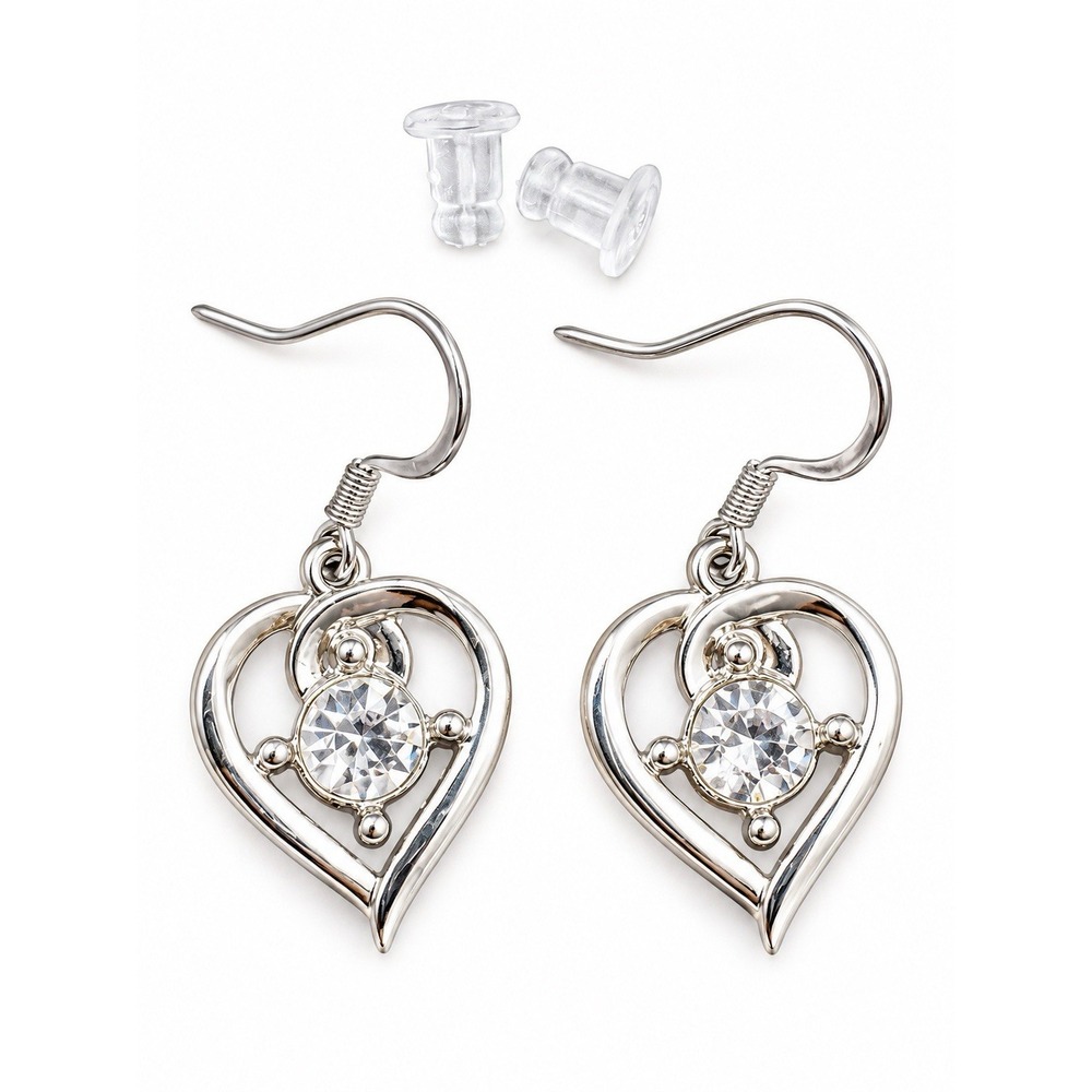 Silver Tone Heart Dangle Hook Earrings Clear Round Crystal Love Theme
